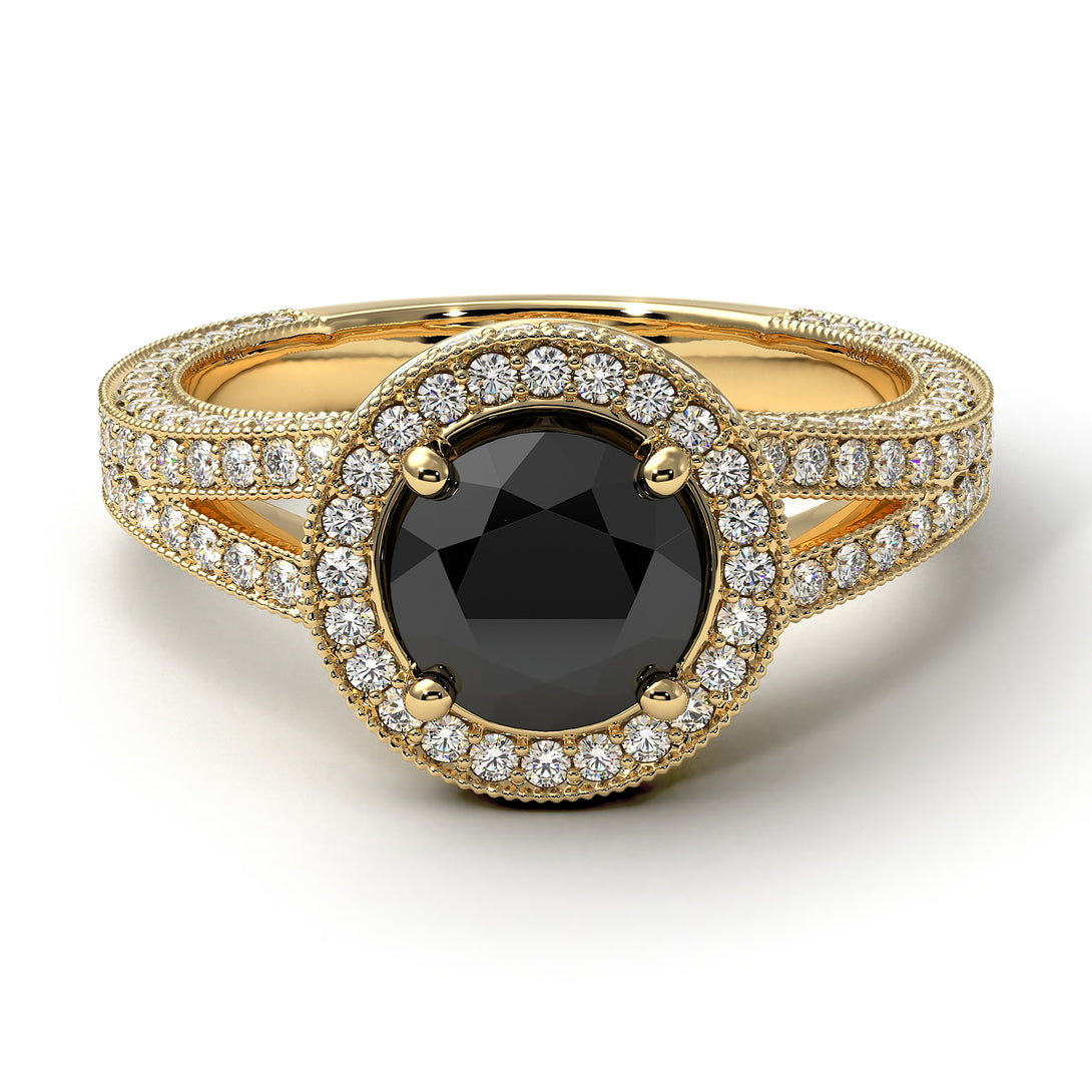 Milgrain Round Black Diamond Engagement Ring - Payton No. 7