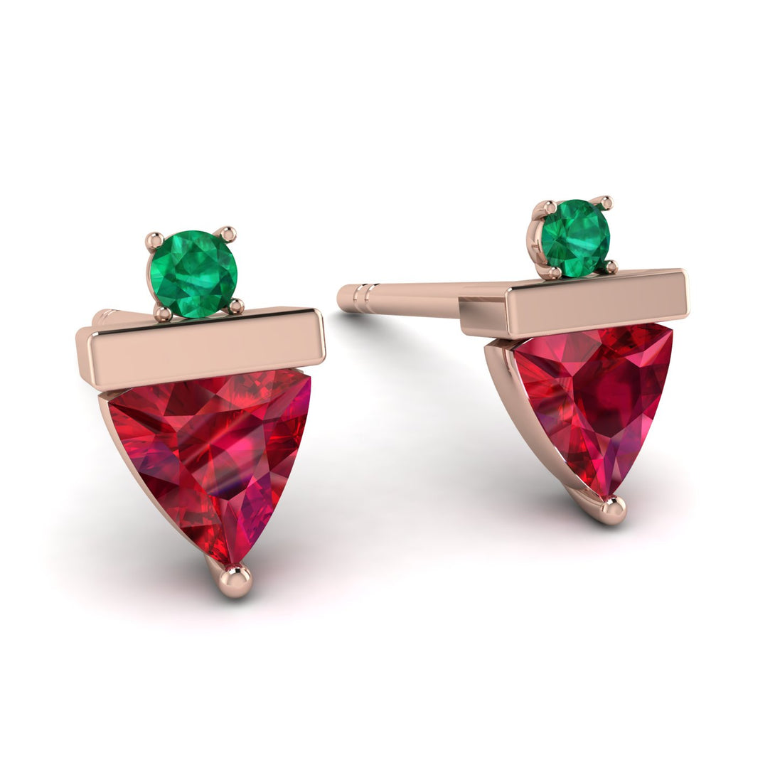 Triangle Ruby Earrings With Round Stone - Estella No. 26