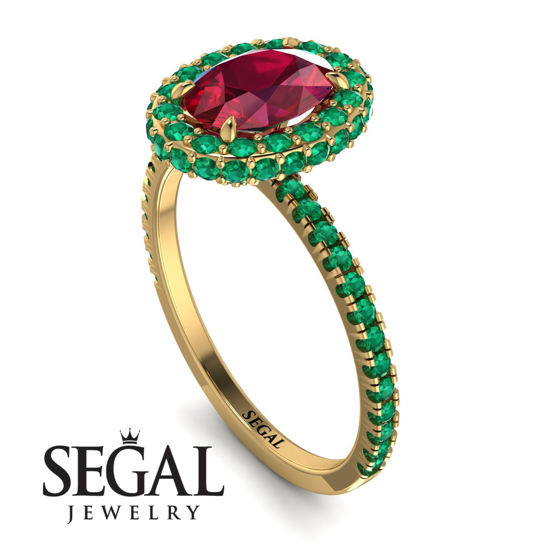Oval Ruby Halo Hidden Emeralds Ring - Amy No. 25