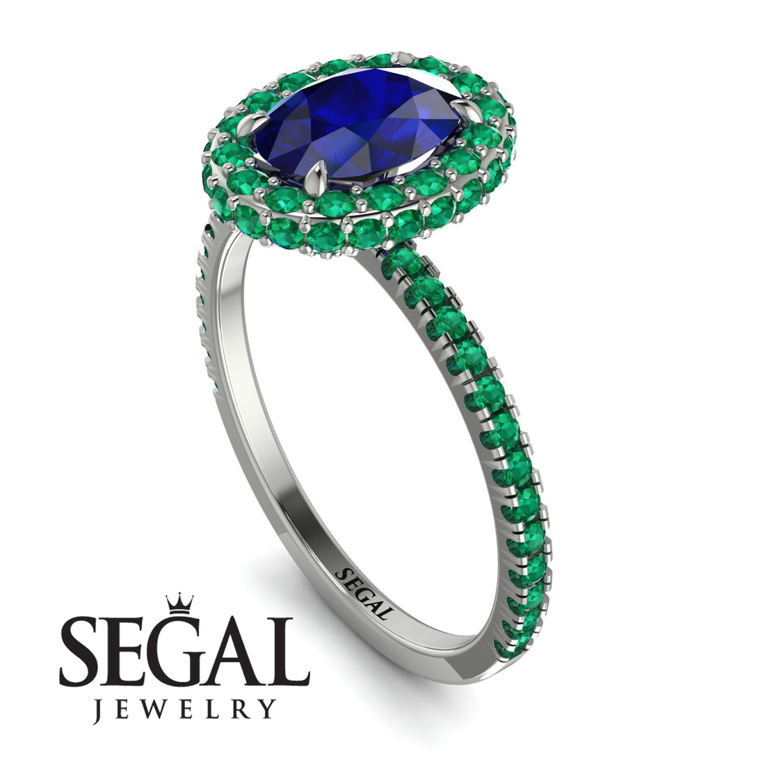 Oval Sapphire Halo Hidden Emeralds Ring - Amy No. 30