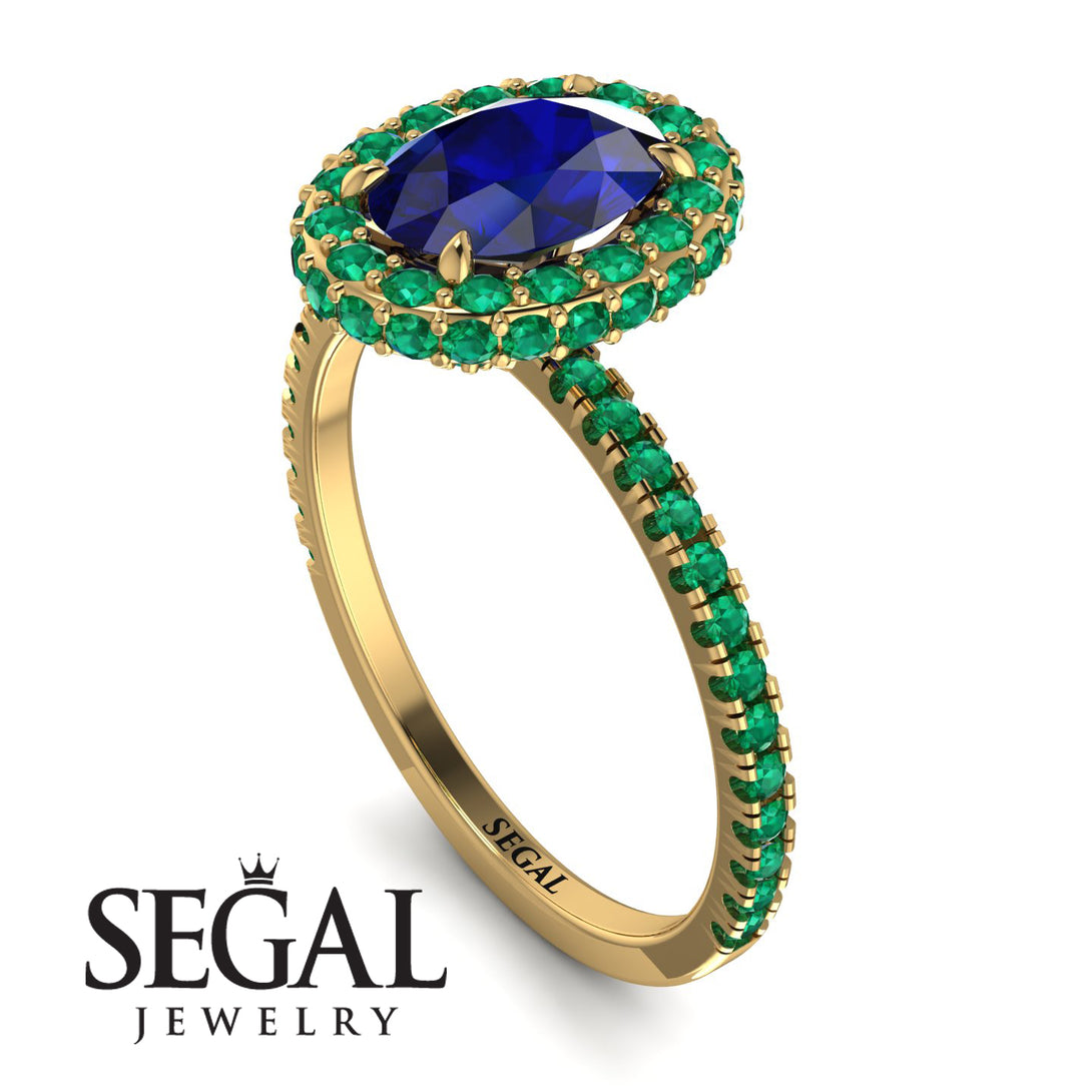 Oval Sapphire Halo Hidden Emeralds Ring - Amy No. 28