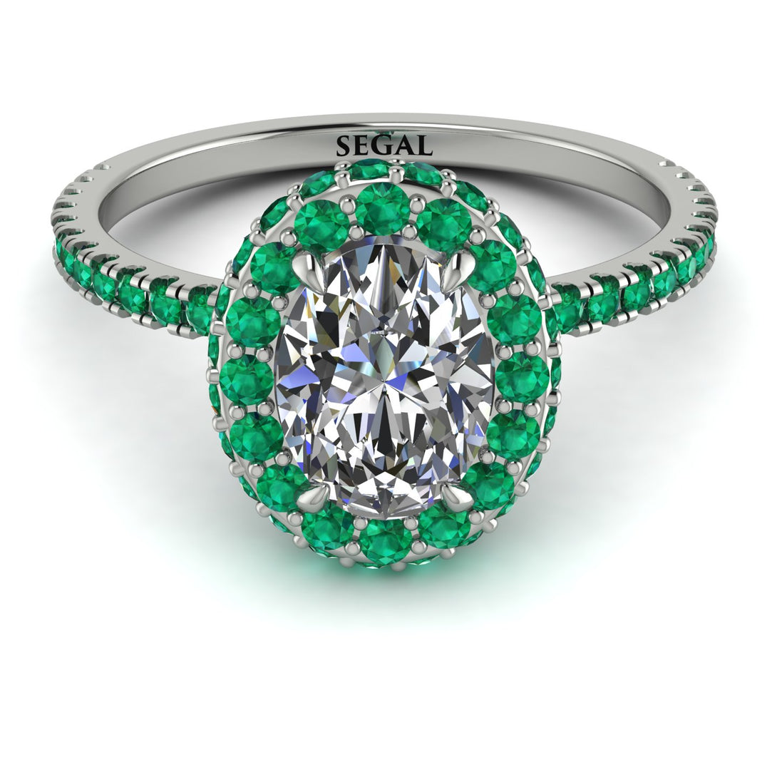 Oval Diamond Halo Hidden Emeralds Ring - Amy No. 18