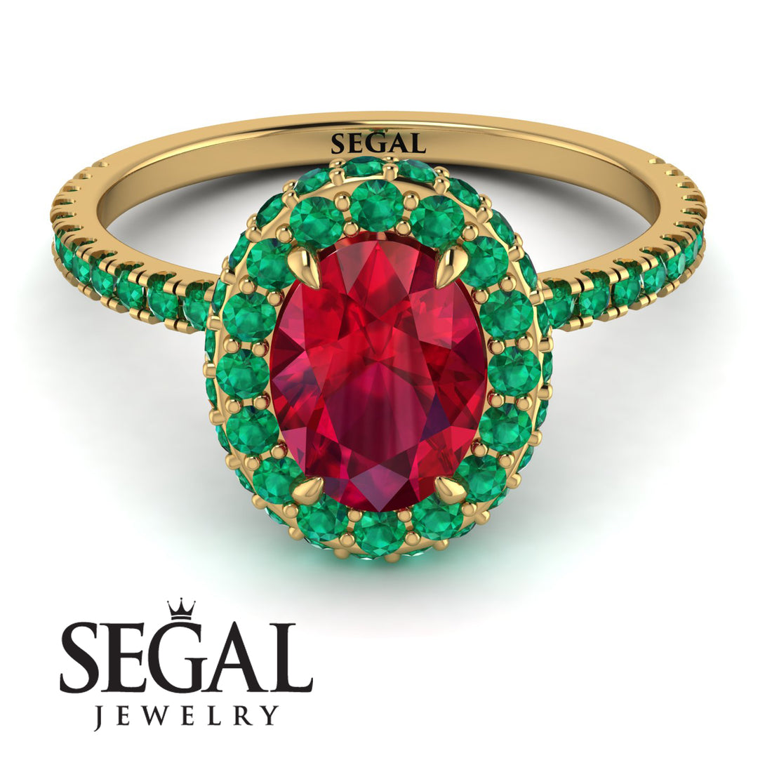 Oval Ruby Halo Hidden Emeralds Ring - Amy No. 25