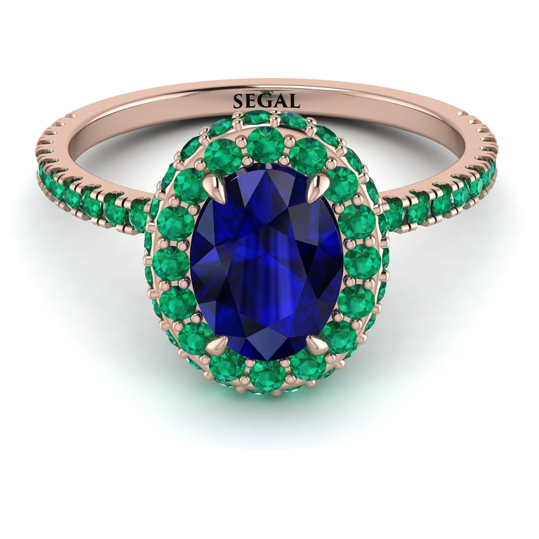 Oval Sapphire Halo Hidden Emeralds Ring - Amy No. 29