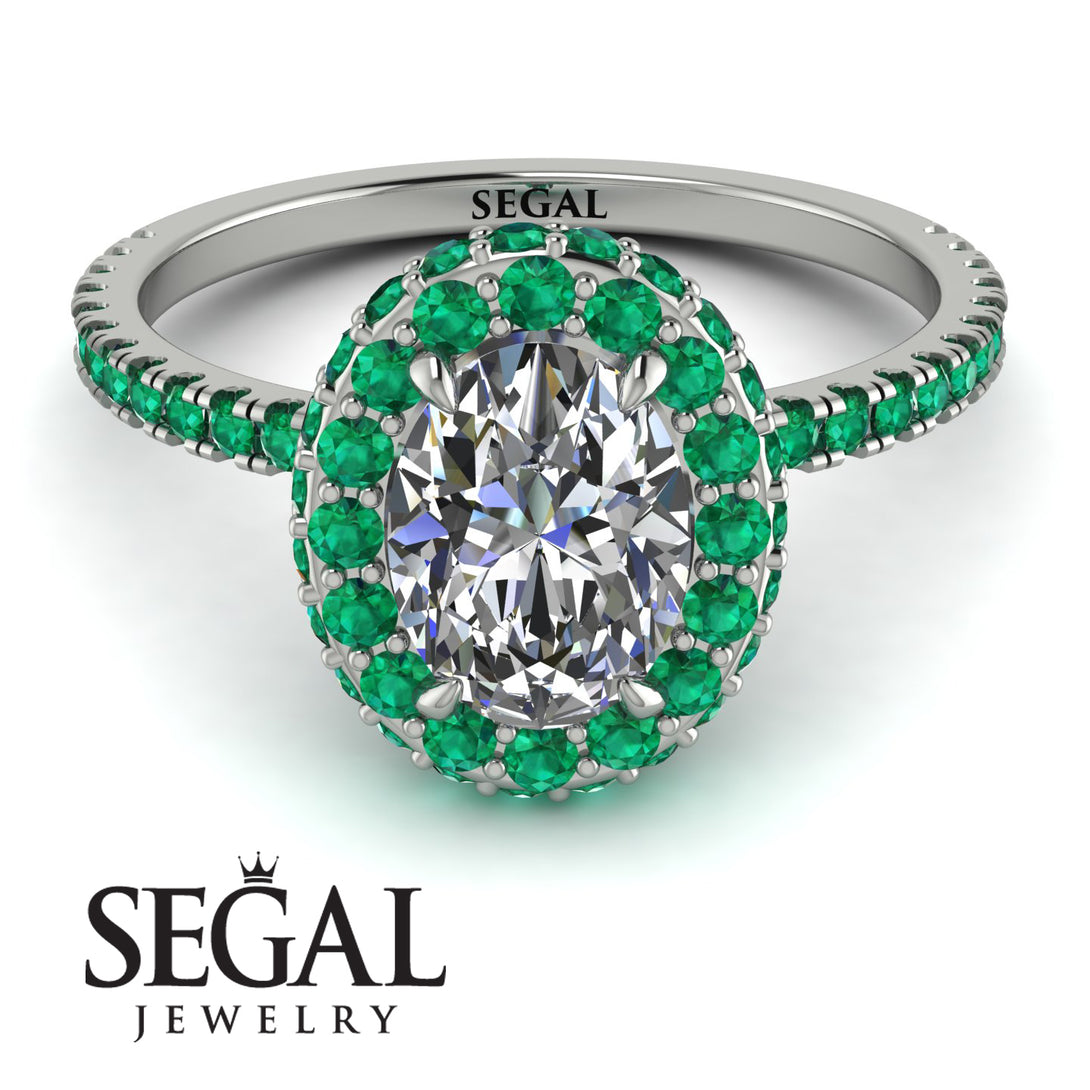 Oval Diamond Halo Hidden Emeralds Ring - Amy No. 18