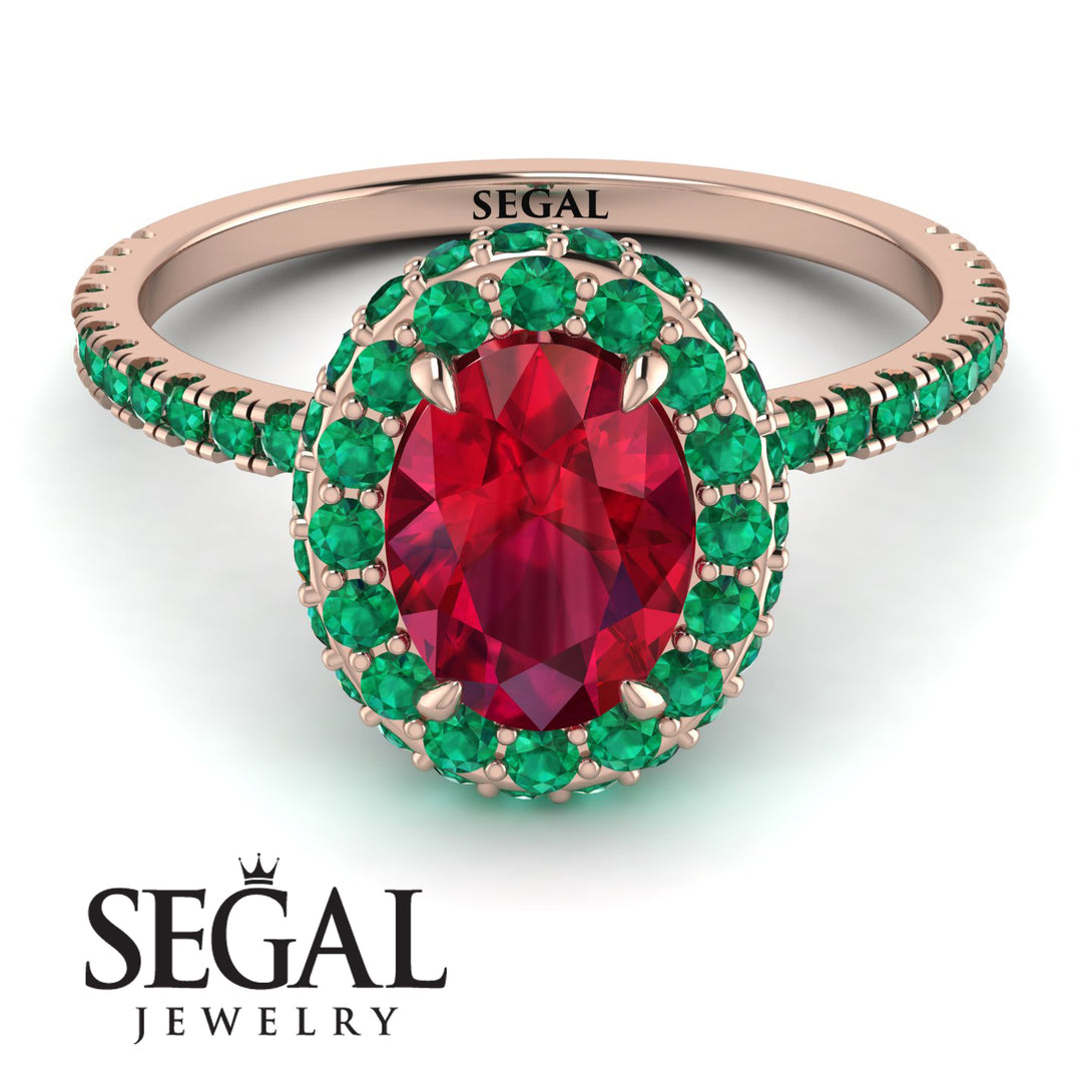 Oval Ruby Halo Hidden Emeralds Ring - Amy No. 26
