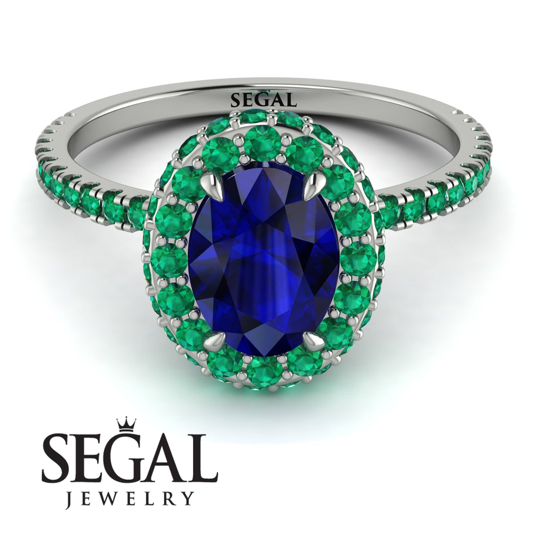 Oval Sapphire Halo Hidden Emeralds Ring - Amy No. 30