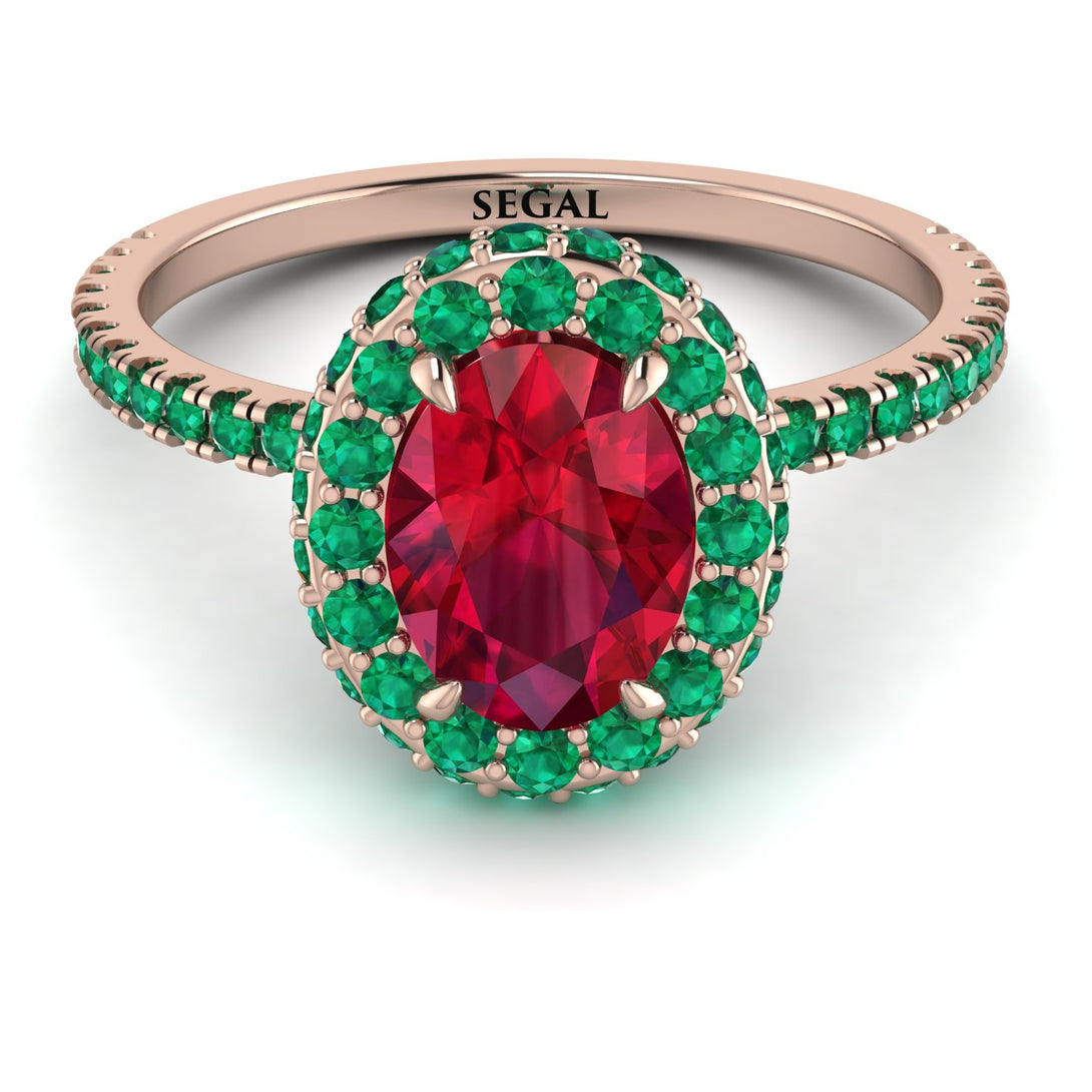 Oval Ruby Halo Hidden Emeralds Ring - Amy No. 26