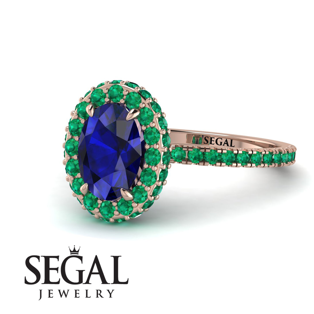 Oval Sapphire Halo Hidden Emeralds Ring - Amy No. 29