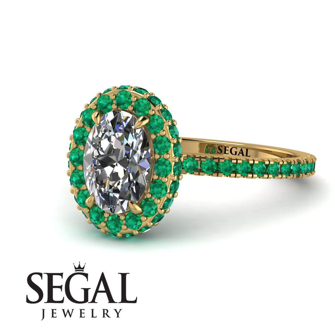 Oval Diamond Halo Hidden Emeralds Ring - Amy No. 16