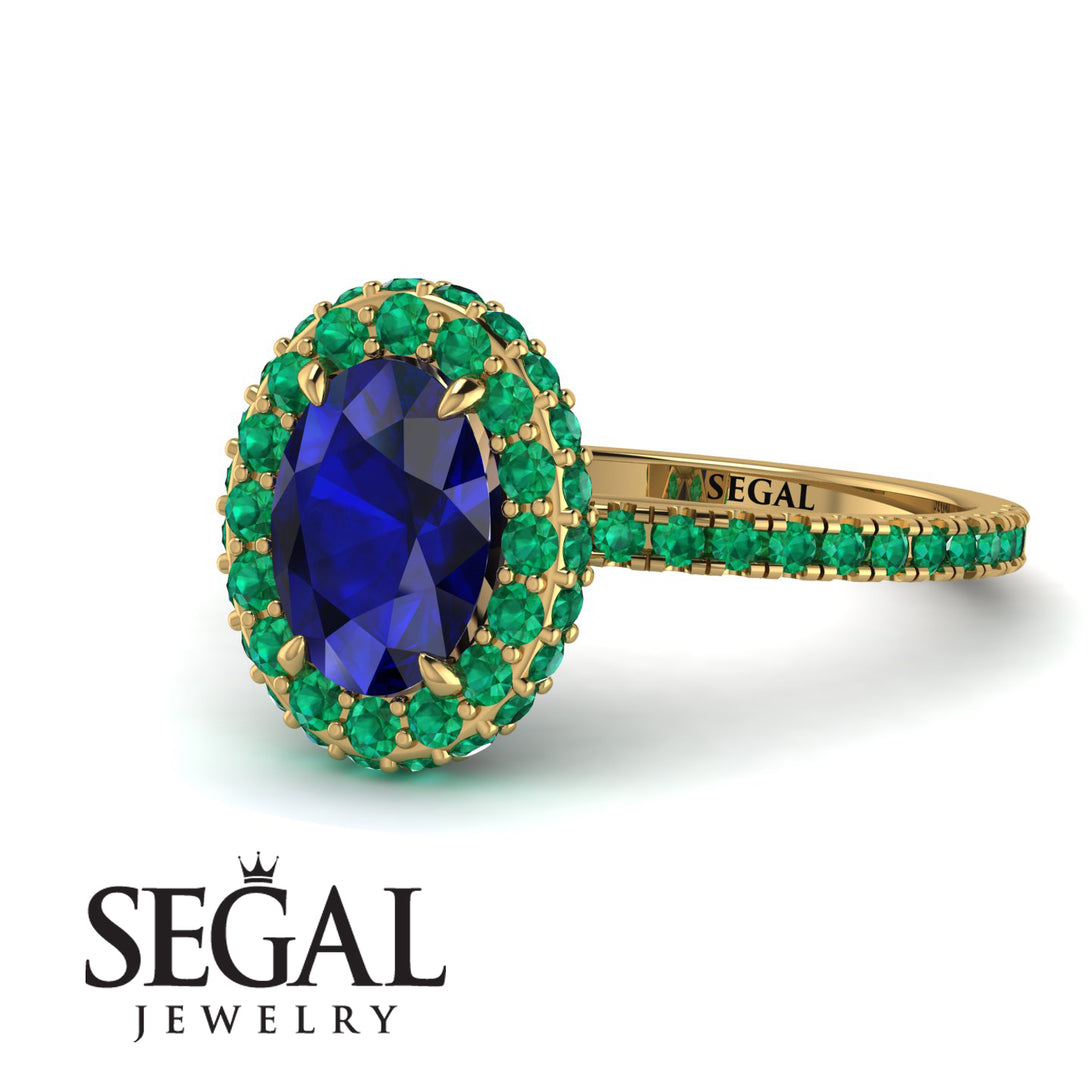 Oval Sapphire Halo Hidden Emeralds Ring - Amy No. 28