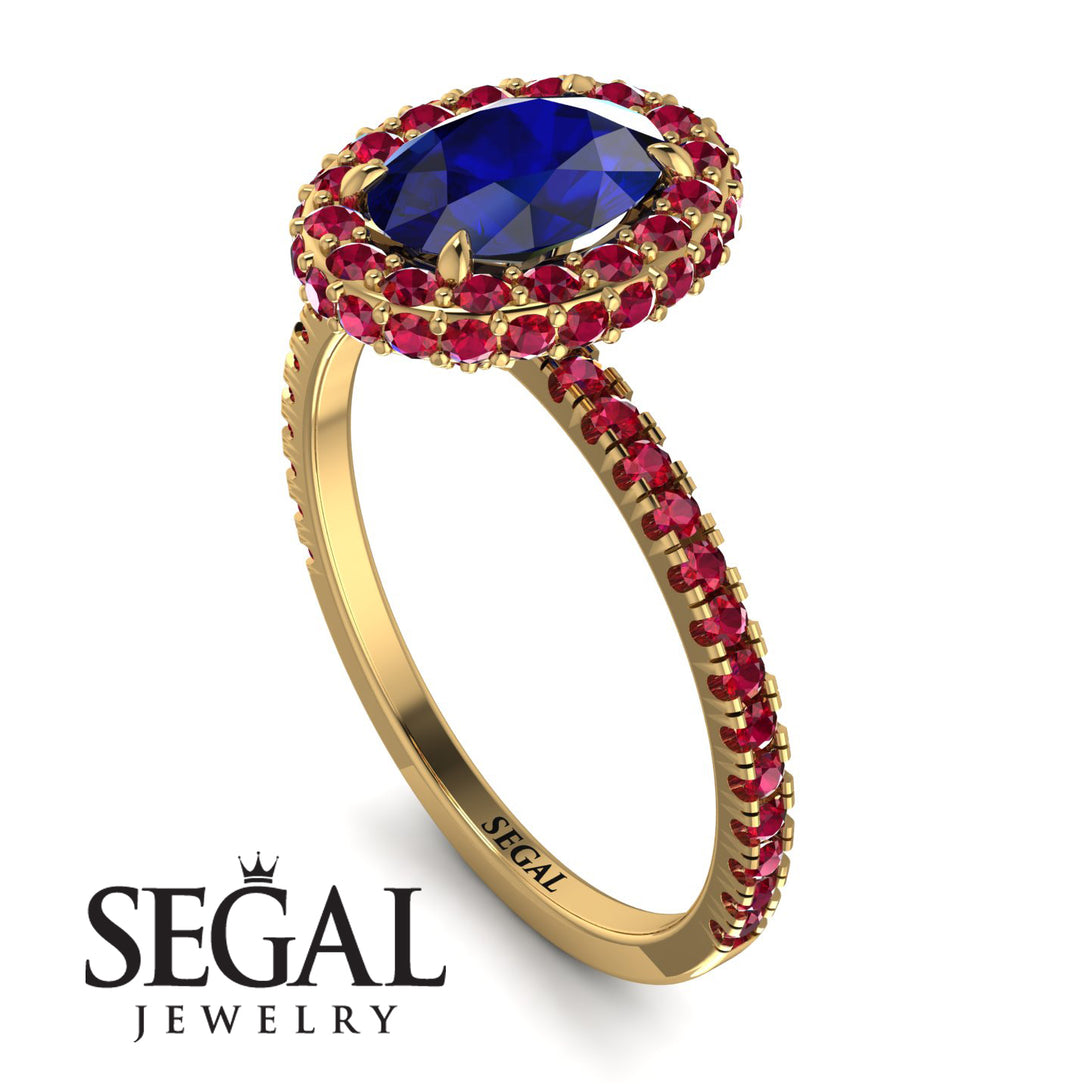 Oval Sapphire Halo Hidden Rubies Ring - Amy No. 58