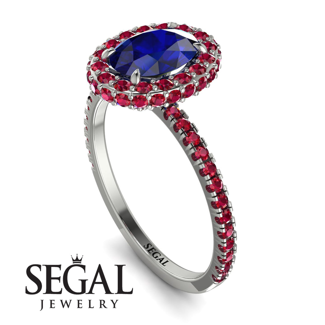 Oval Sapphire Halo Hidden Rubies Ring - Amy No. 60