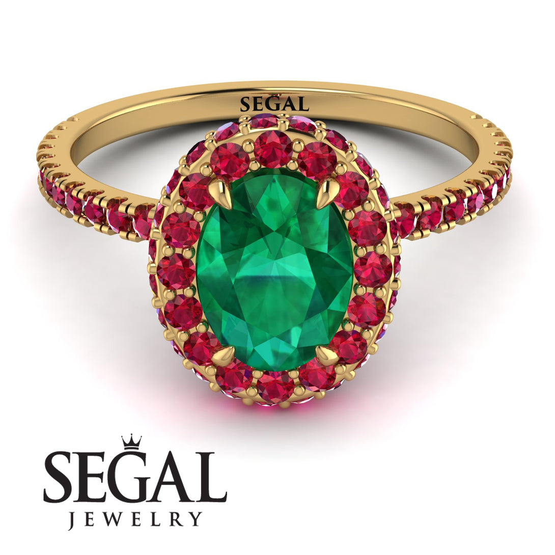 Oval Emerald Halo Hidden Rubies Ring - Amy No. 49