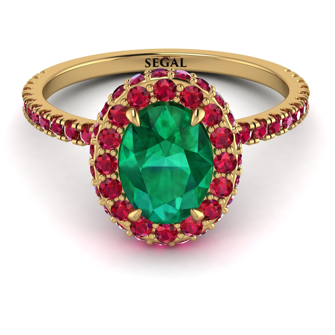Oval Emerald Halo Hidden Rubies Ring - Amy No. 49