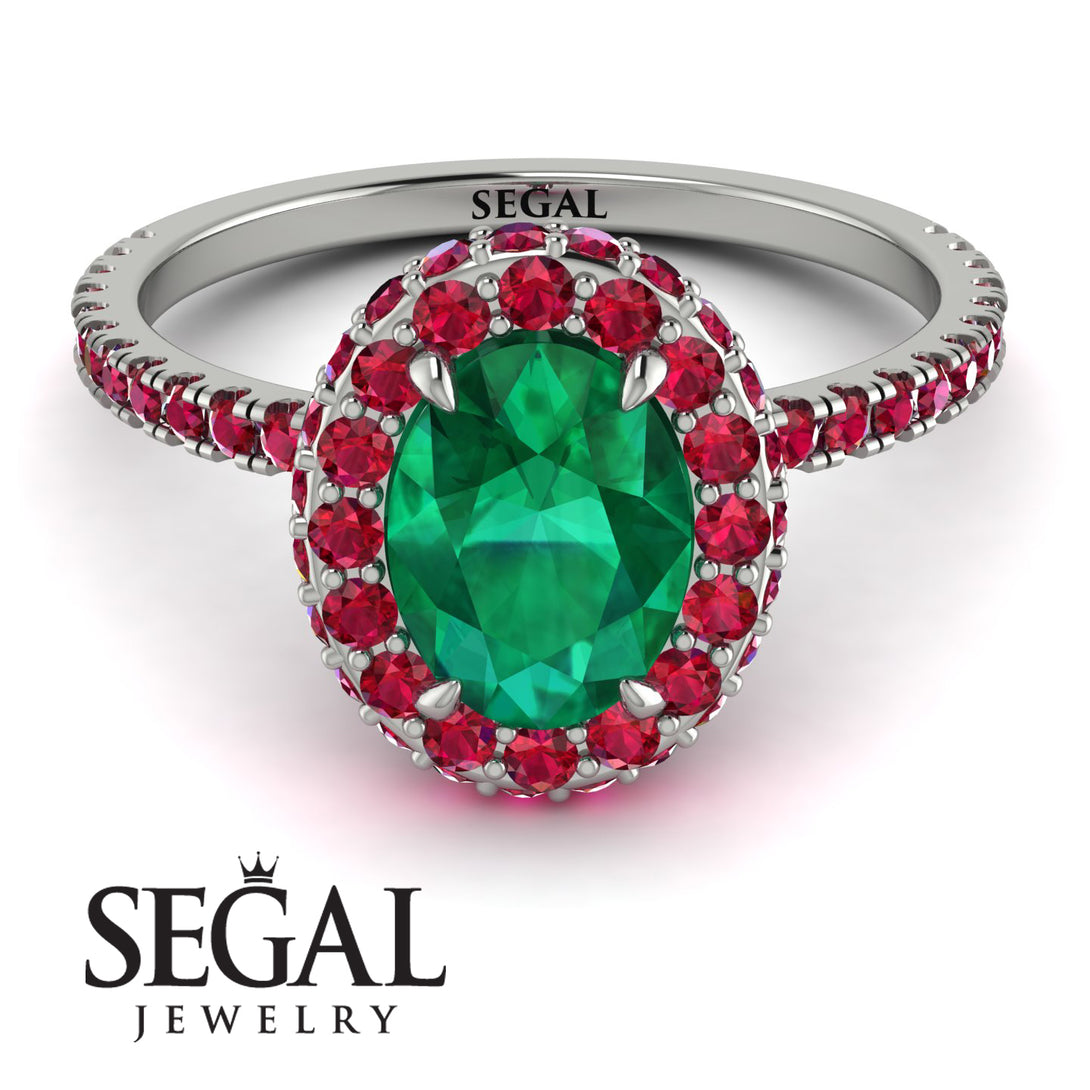 Oval Emerald Halo Hidden Rubies Ring - Amy No. 51