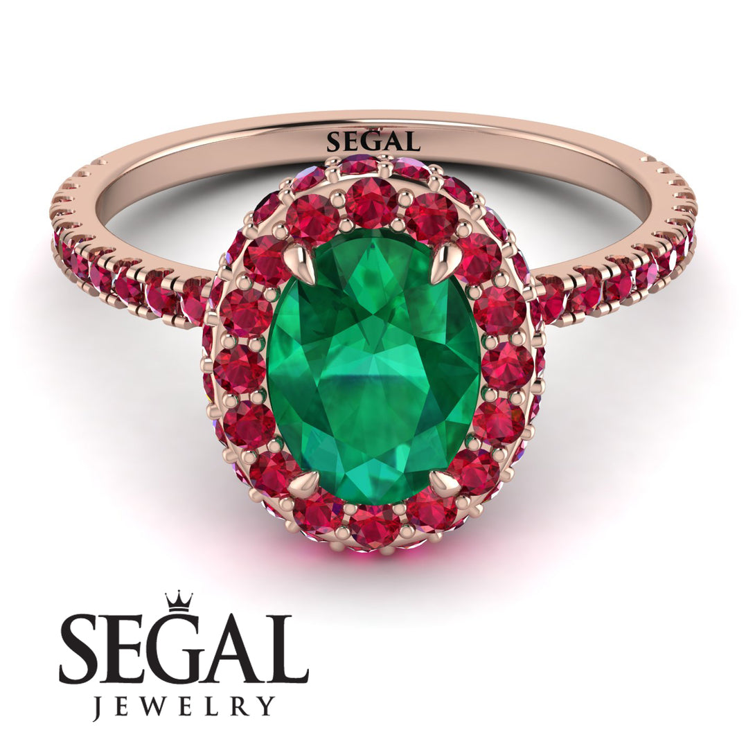 Oval Emerald Halo Hidden Rubies Ring - Amy No. 50