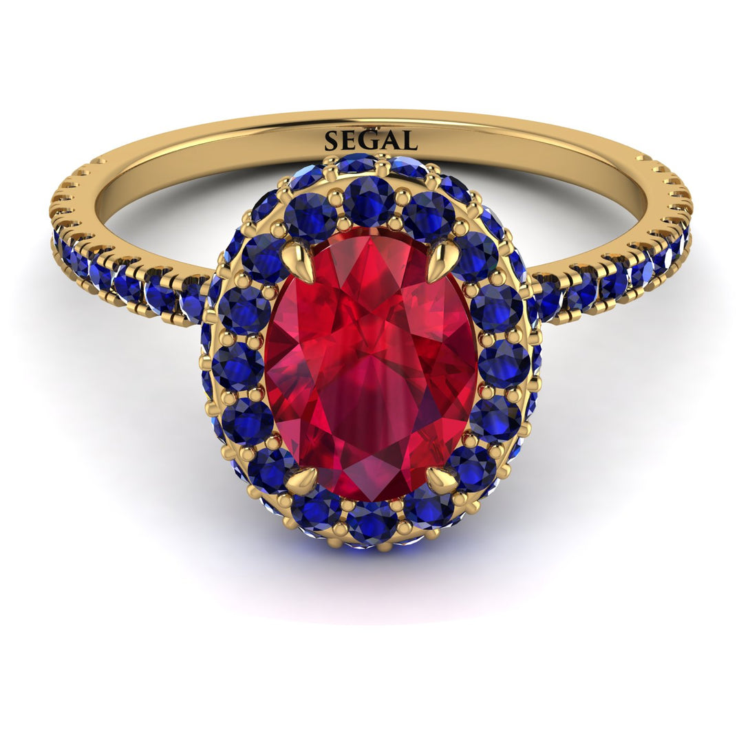 Oval Ruby Halo Hidden Sapphires Ring - Amy No. 70