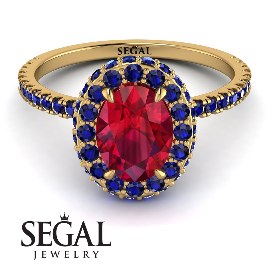 Oval Ruby Halo Hidden Sapphires Ring - Amy No. 70