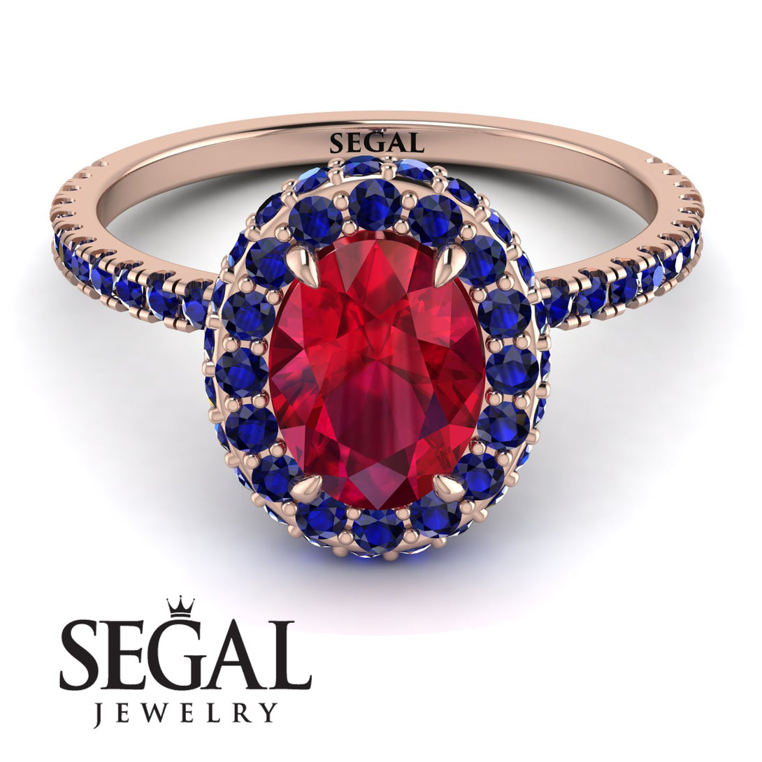 Oval Ruby Halo Hidden Sapphires Ring - Amy No. 71
