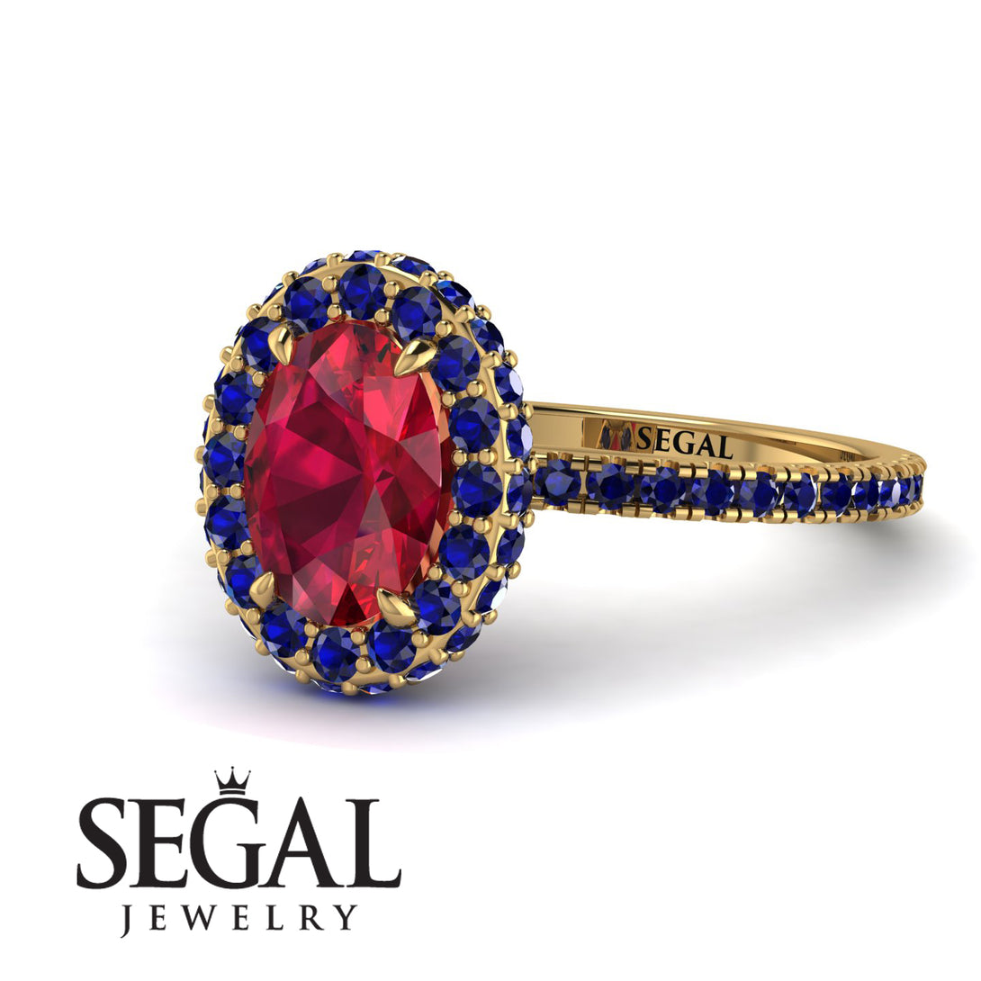 Oval Ruby Halo Hidden Sapphires Ring - Amy No. 70