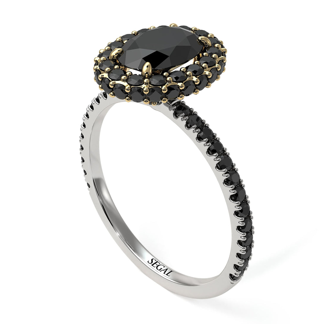 Two Tones Oval Black Diamond Halo Hidden Diamonds Ring - Amy No. 80