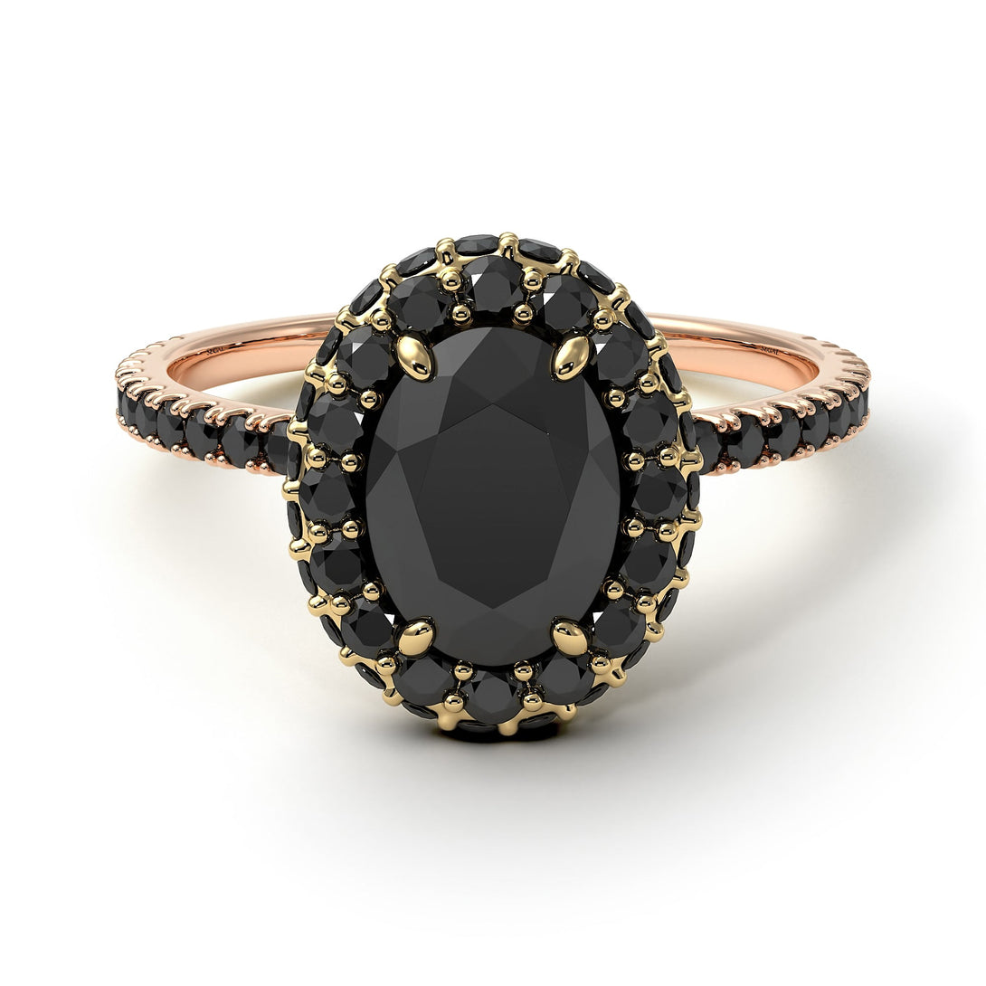 Two Tones Oval Black Diamond Halo Hidden Diamonds Ring - Amy No. 79