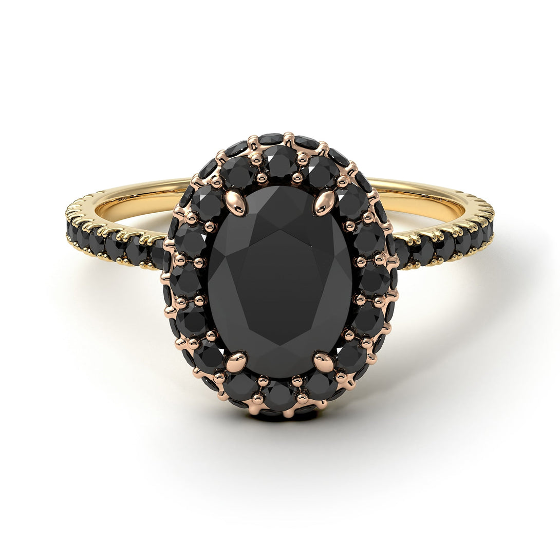 Two Tones Oval Black Diamond Halo Hidden Diamonds Ring - Amy No. 79