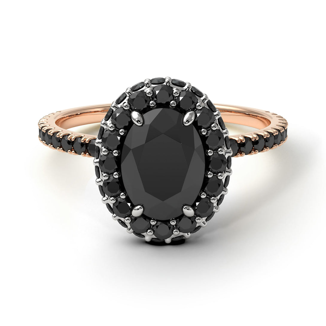 Two Tones Oval Black Diamond Halo Hidden Diamonds Ring - Amy No. 81