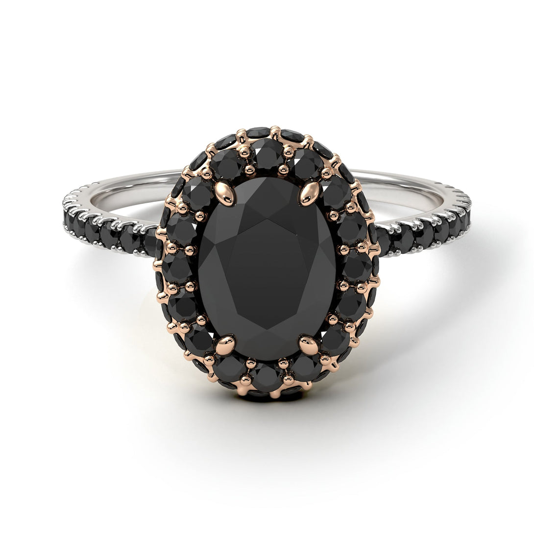 Two Tones Oval Black Diamond Halo Hidden Diamonds Ring - Amy No. 81