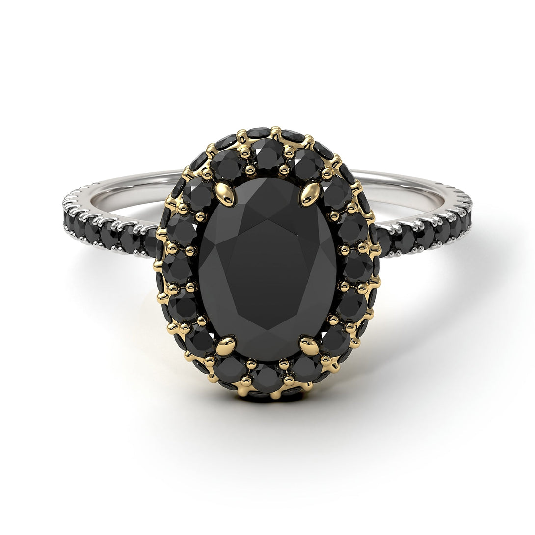 Two Tones Oval Black Diamond Halo Hidden Diamonds Ring - Amy No. 80