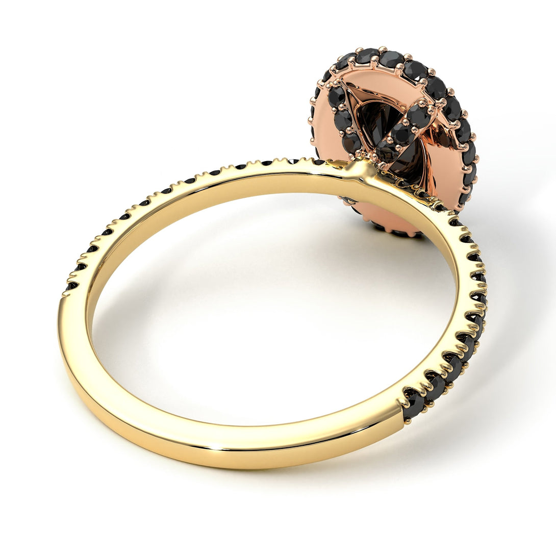 Two Tones Oval Black Diamond Halo Hidden Diamonds Ring - Amy No. 79