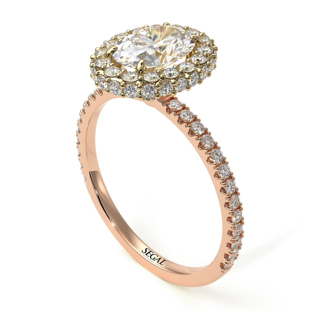 Two Tones Oval Diamond Halo Hidden Diamonds Ring - Amy No. 76