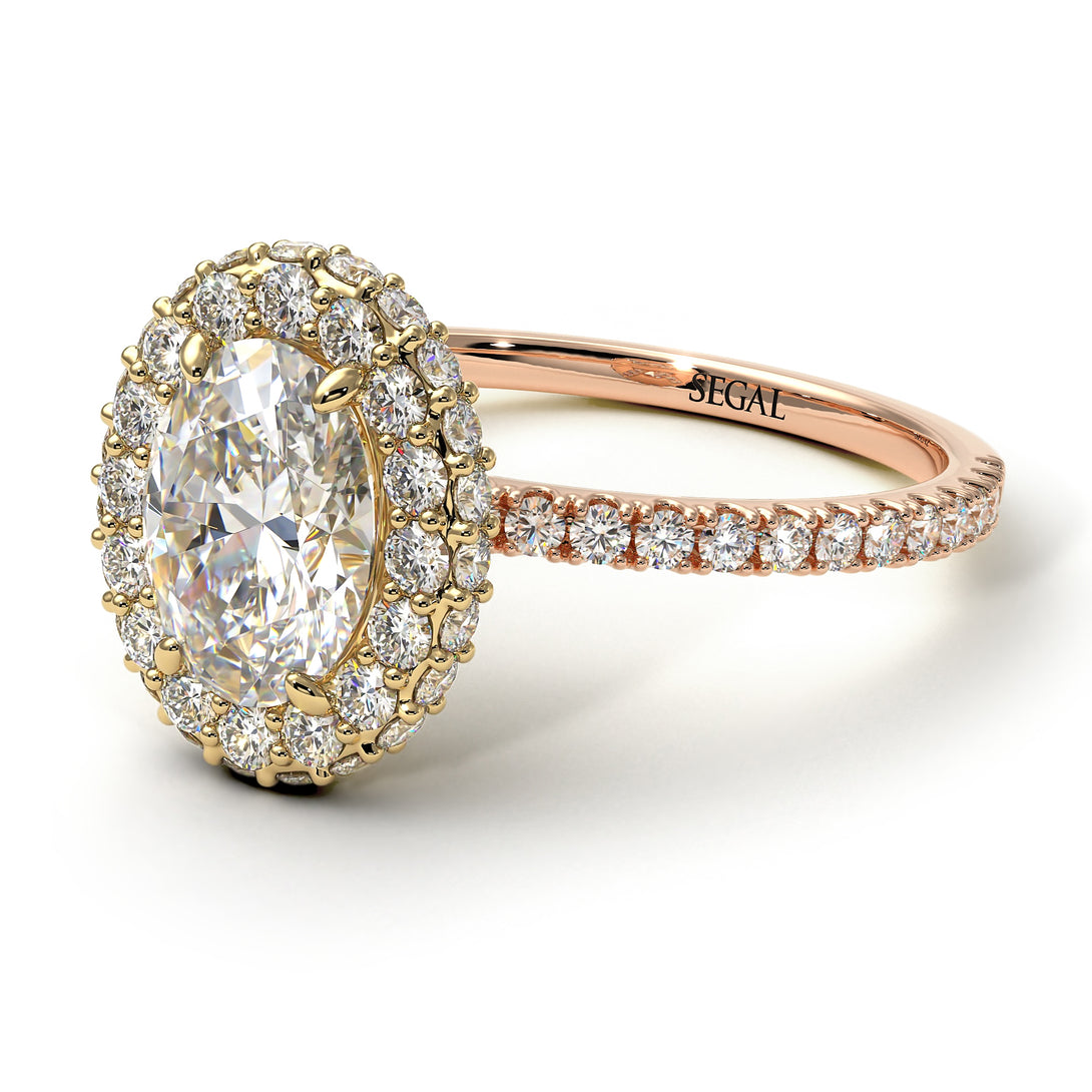 Two Tones Oval Diamond Halo Hidden Diamonds Ring - Amy No. 76