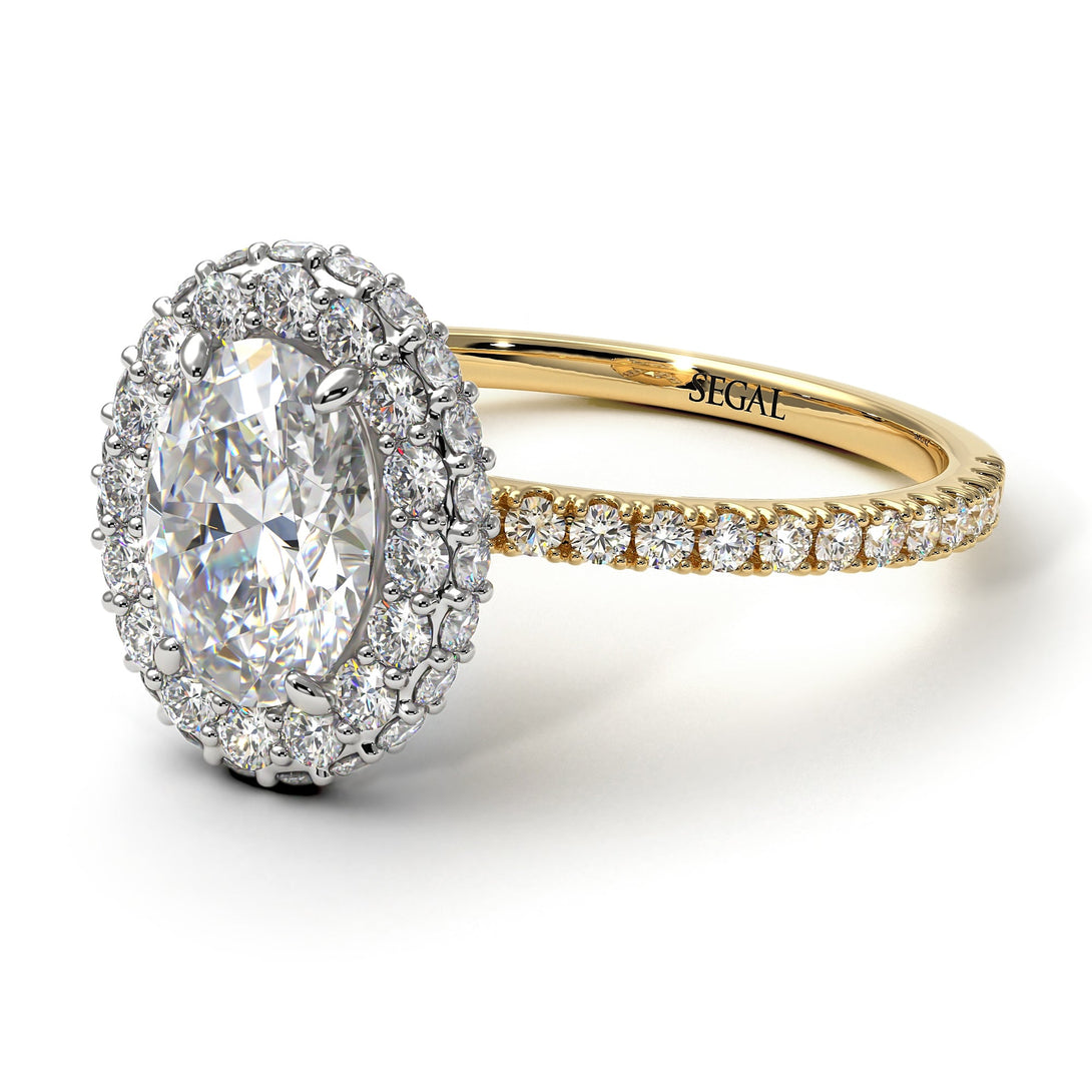 Two Tones Oval Diamond Halo Hidden Diamonds Ring - Amy No. 77
