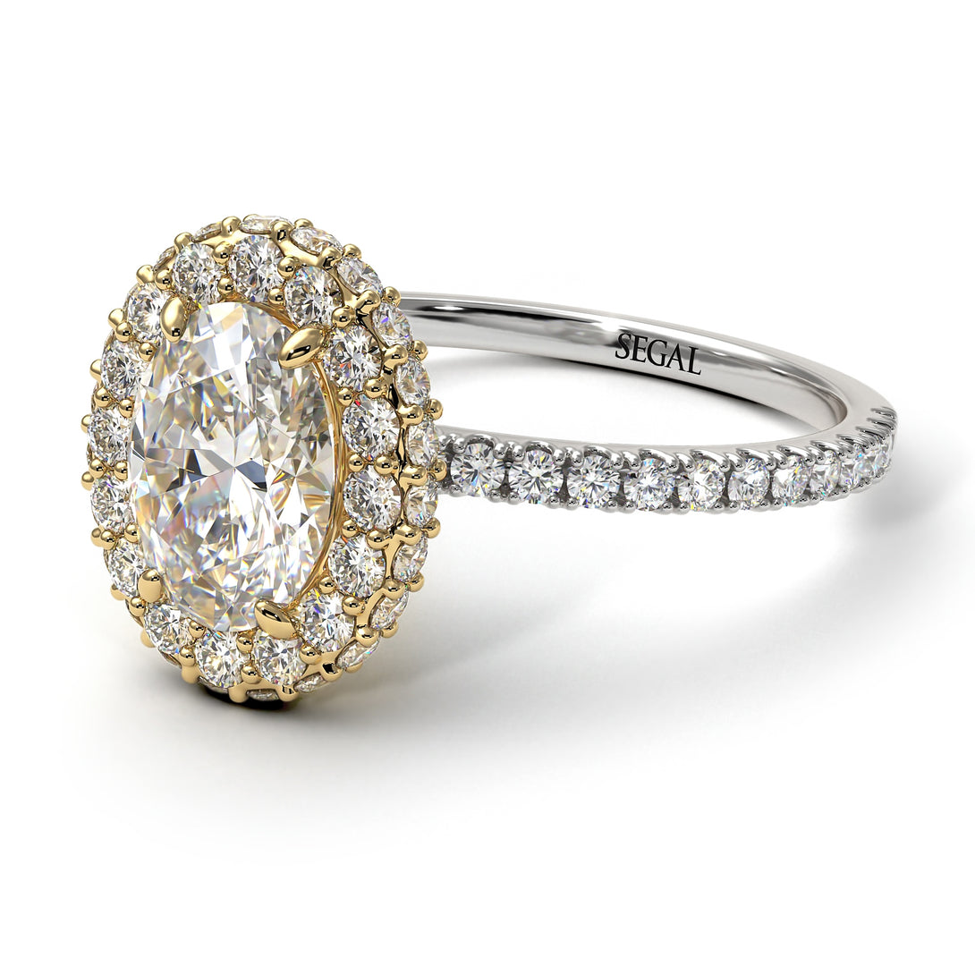 Two Tones Oval Diamond Halo Hidden Diamonds Ring - Amy No. 77