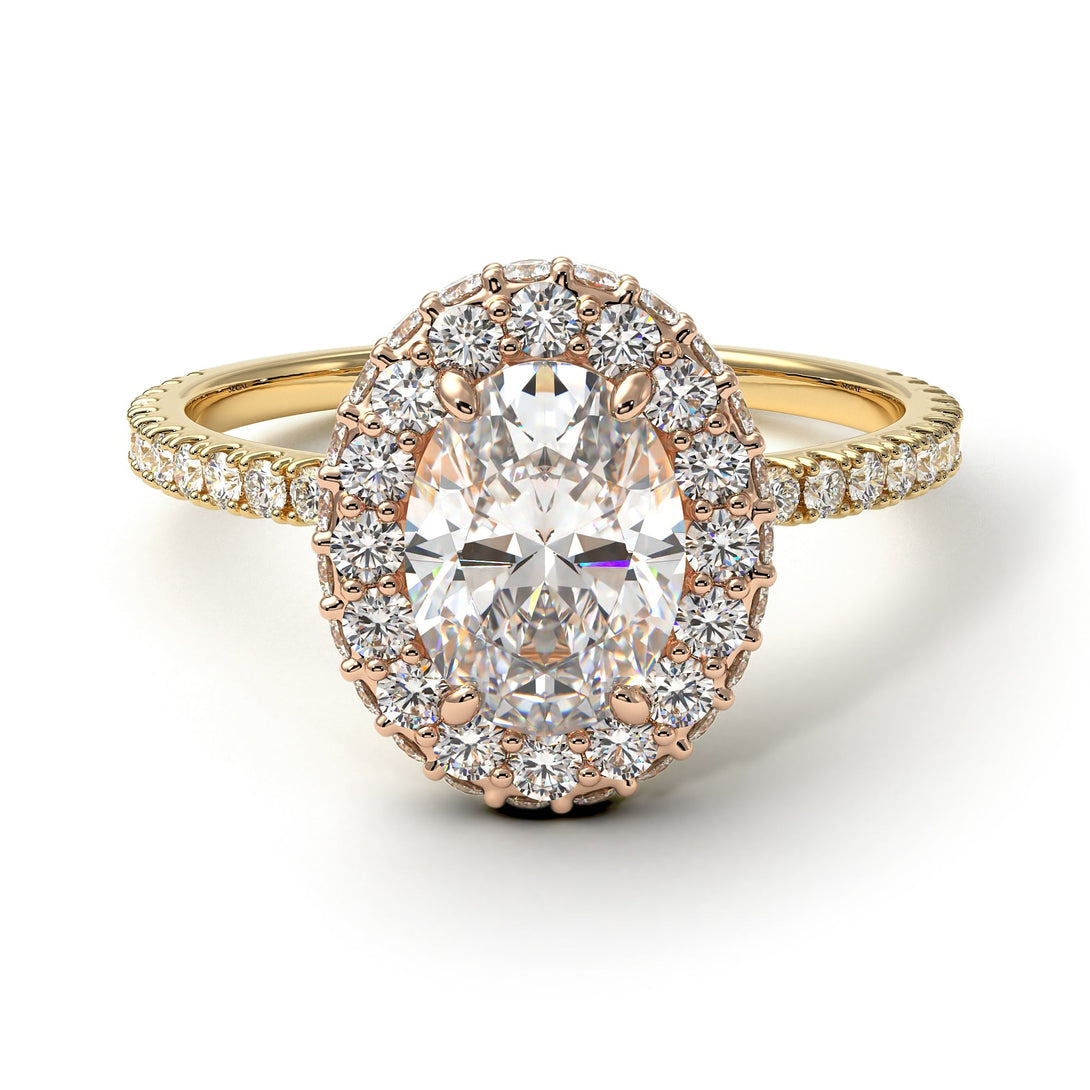 Two Tones Oval Diamond Halo Hidden Diamonds Ring - Amy No. 76