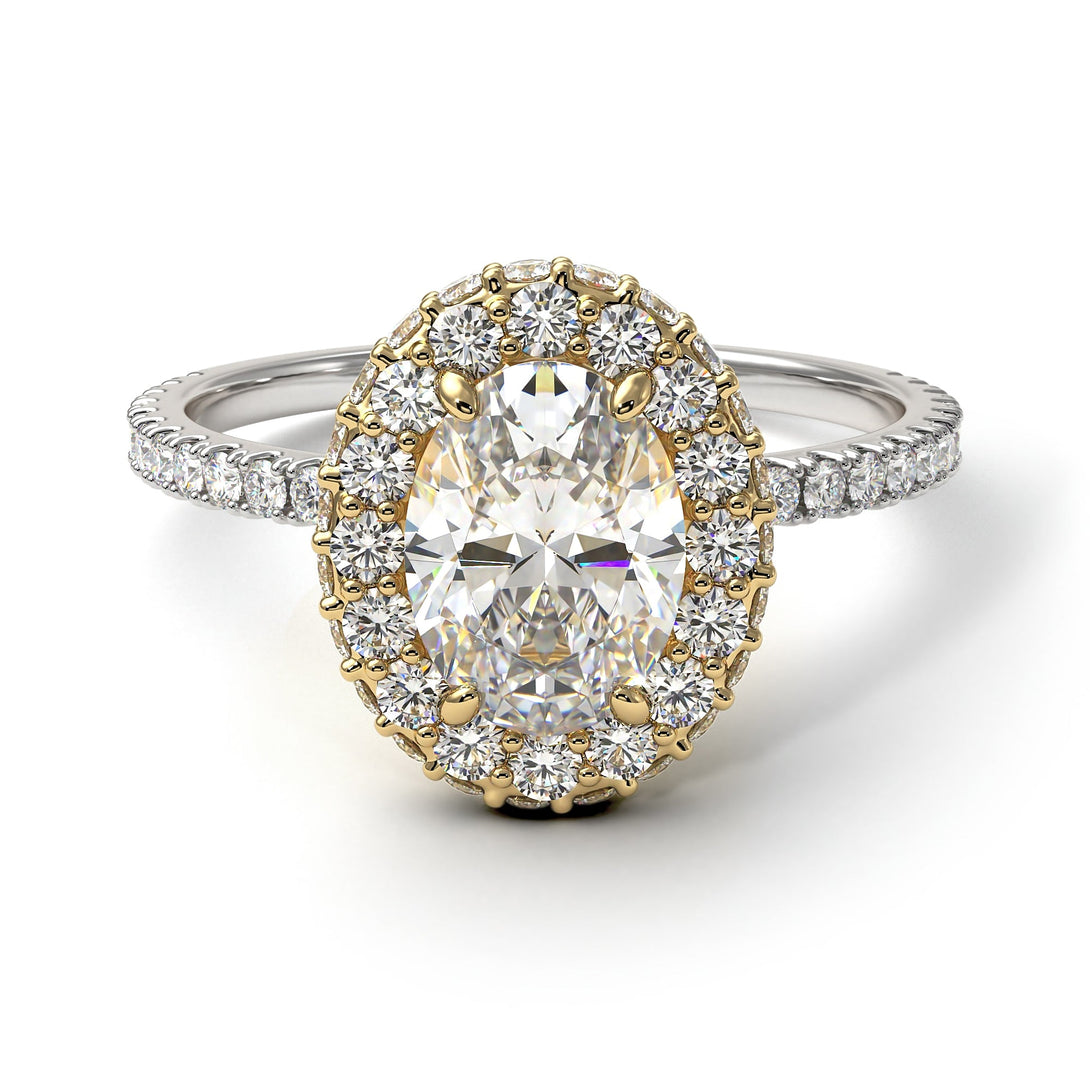 Two Tones Oval Diamond Halo Hidden Diamonds Ring - Amy No. 77