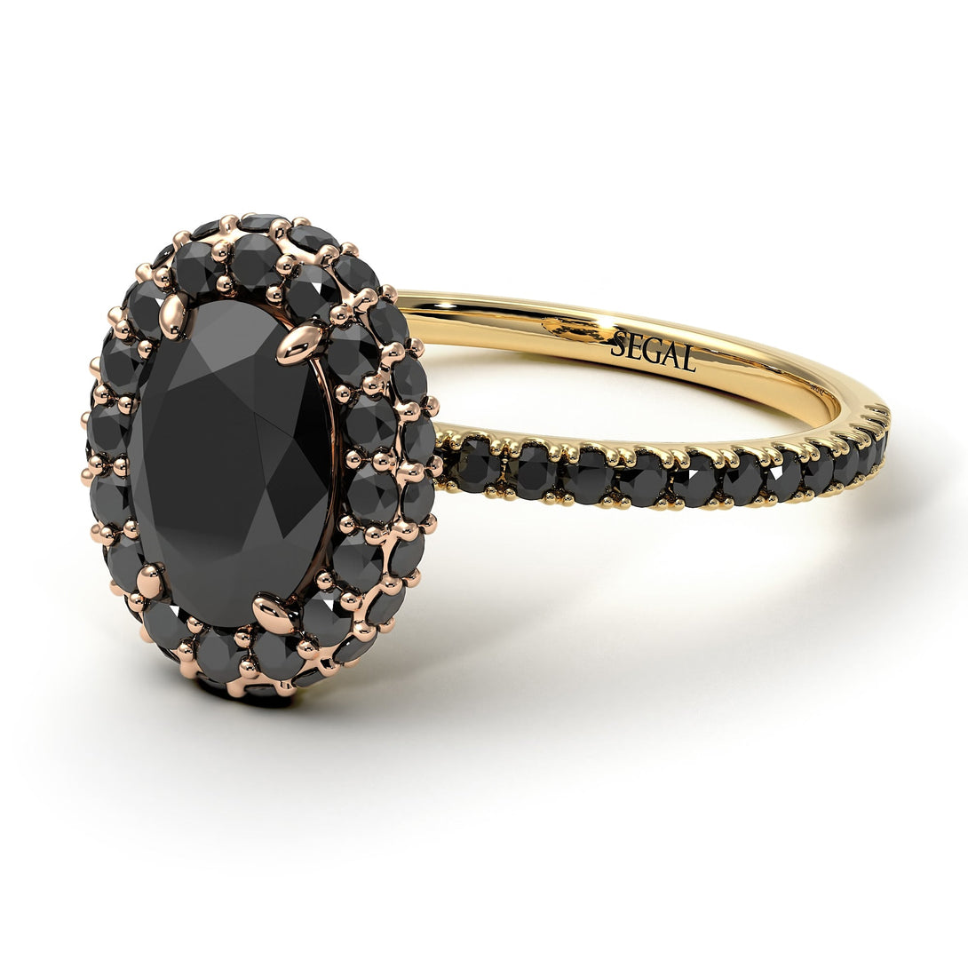 Two Tones Oval Black Diamond Halo Hidden Diamonds Ring - Amy No. 79