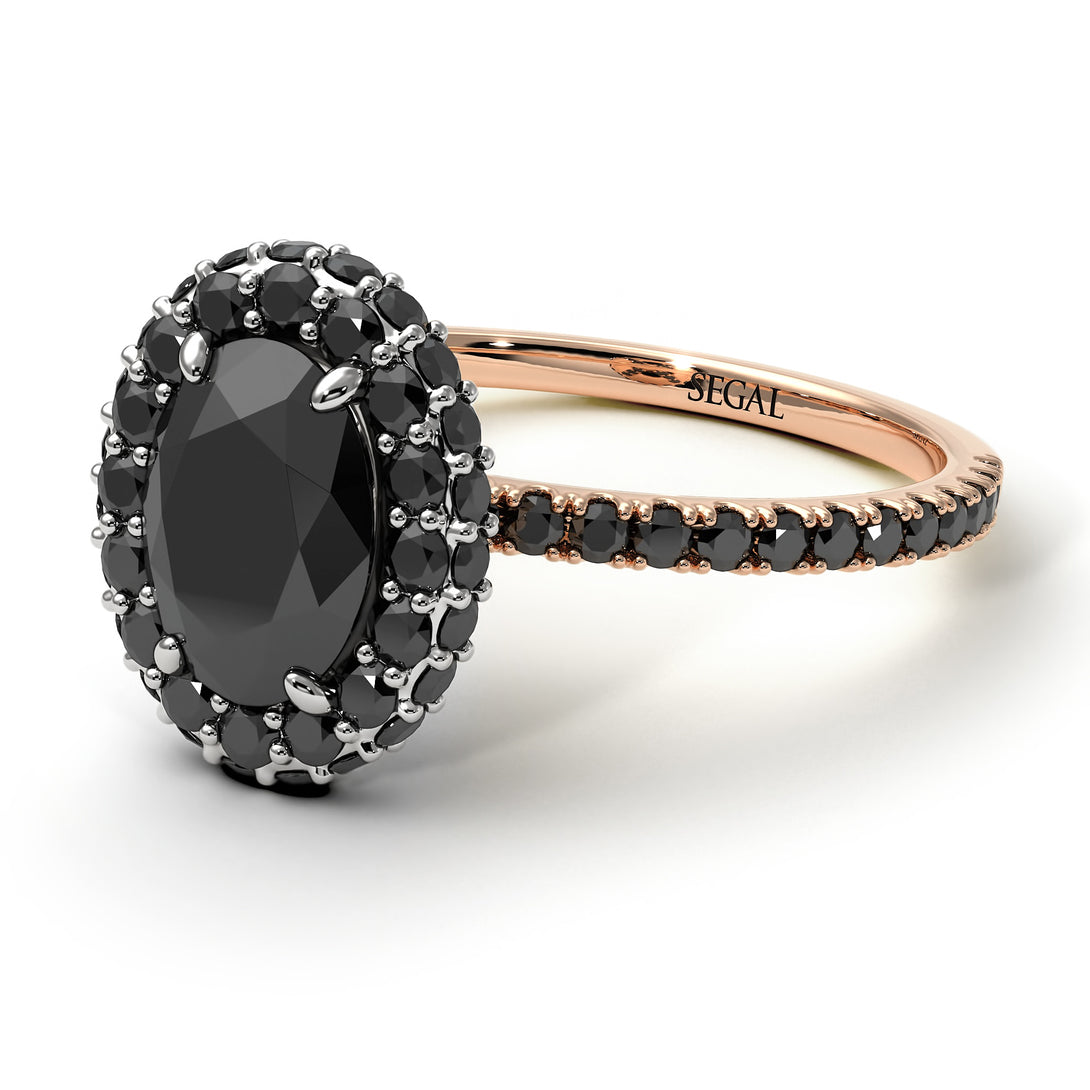 Two Tones Oval Black Diamond Halo Hidden Diamonds Ring - Amy No. 81