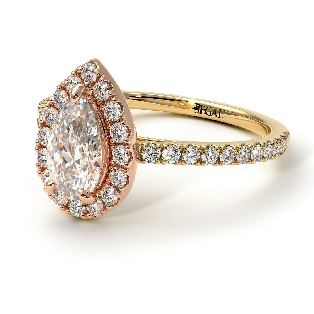 Two Tones Pear Shaped Halo Diamond Ring - Janet No. 7
