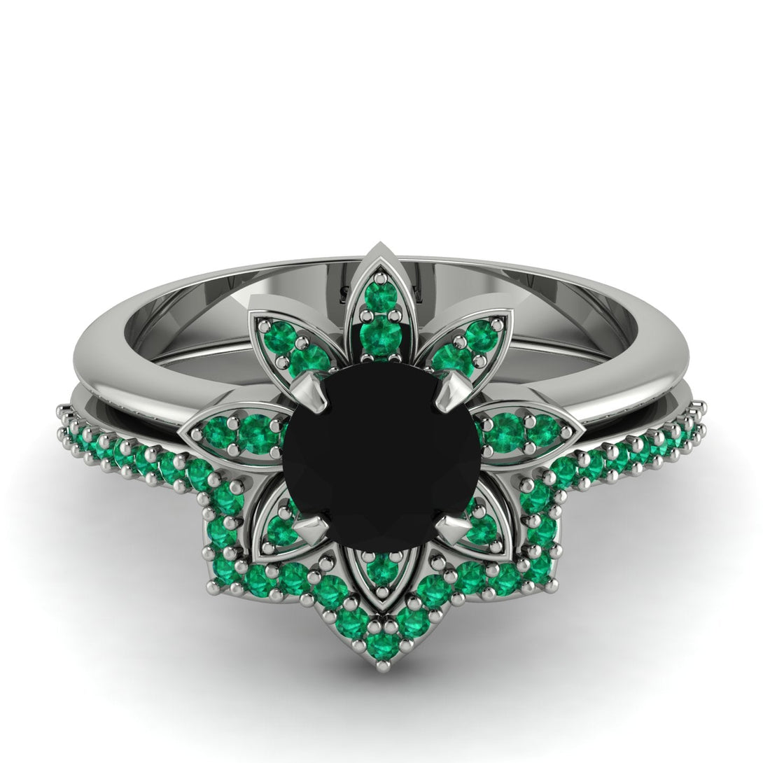 Round Black Diamond Flower Bridal Set - Michelle No. 24