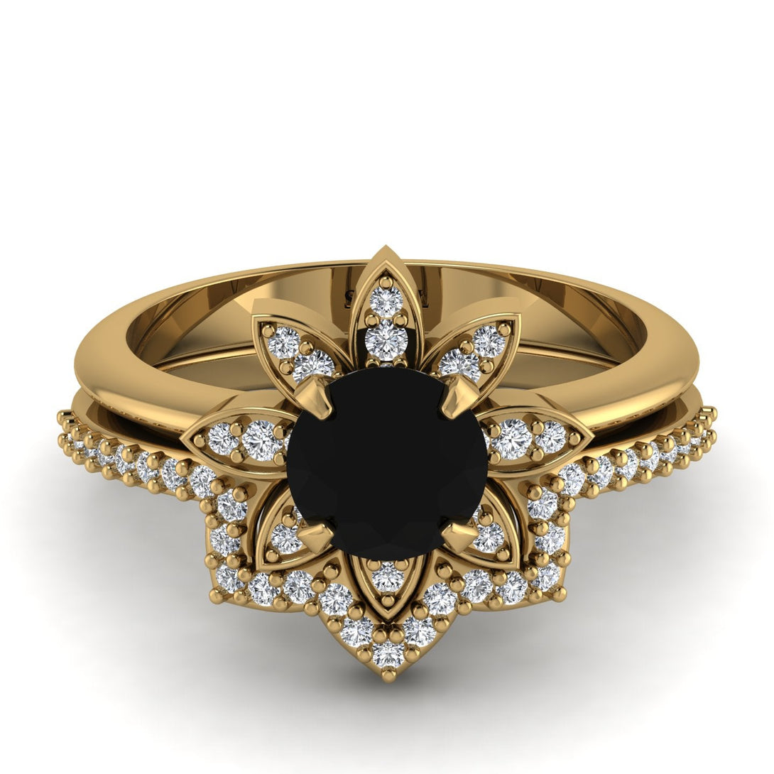 Round Black Diamond Flower Bridal Set - Michelle No. 7