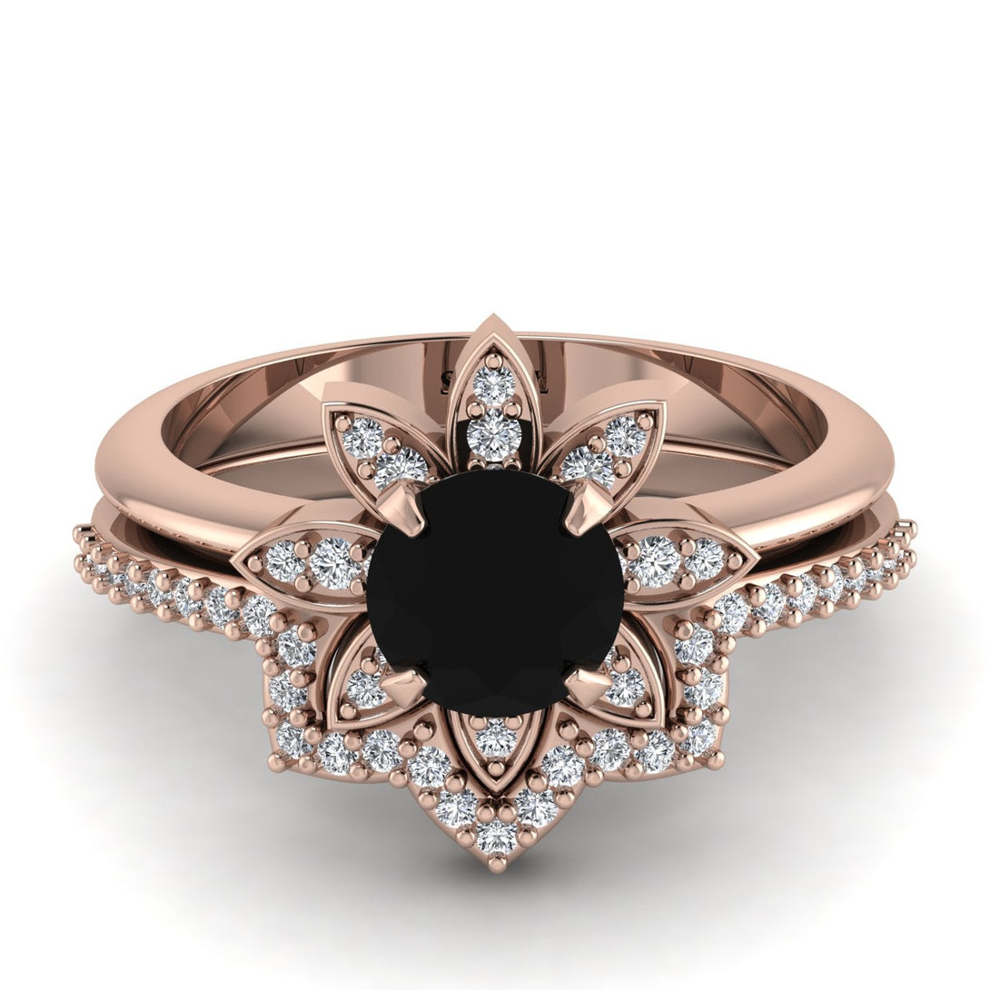 Round Black Diamond Flower Bridal Set - Michelle No. 8