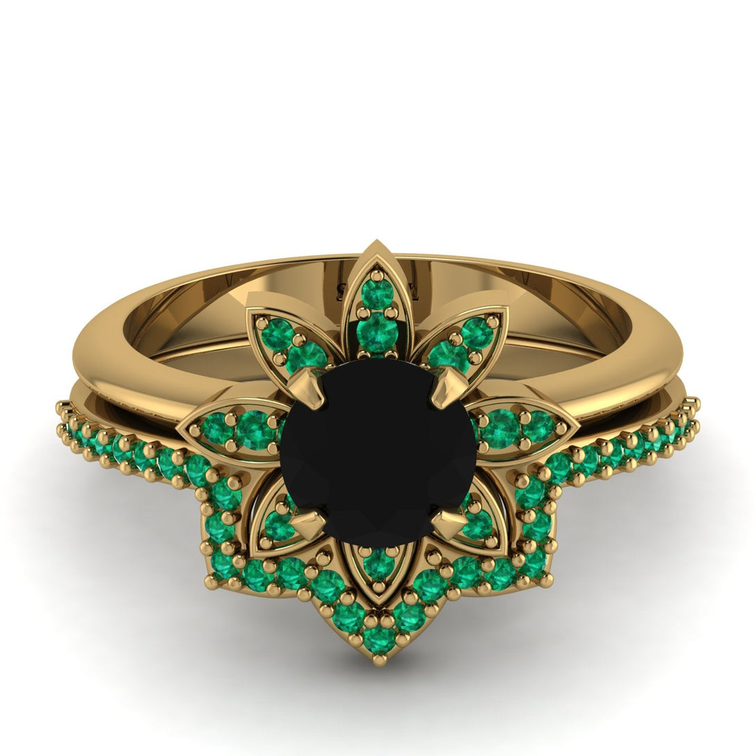 Round Black Diamond Flower Bridal Set - Michelle No. 22