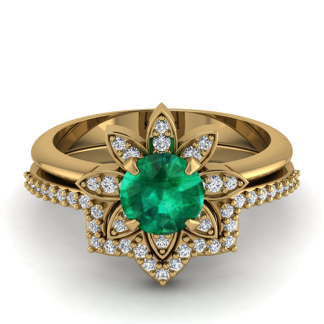 Round Emerald Flower Bridal Set - Michelle No. 4