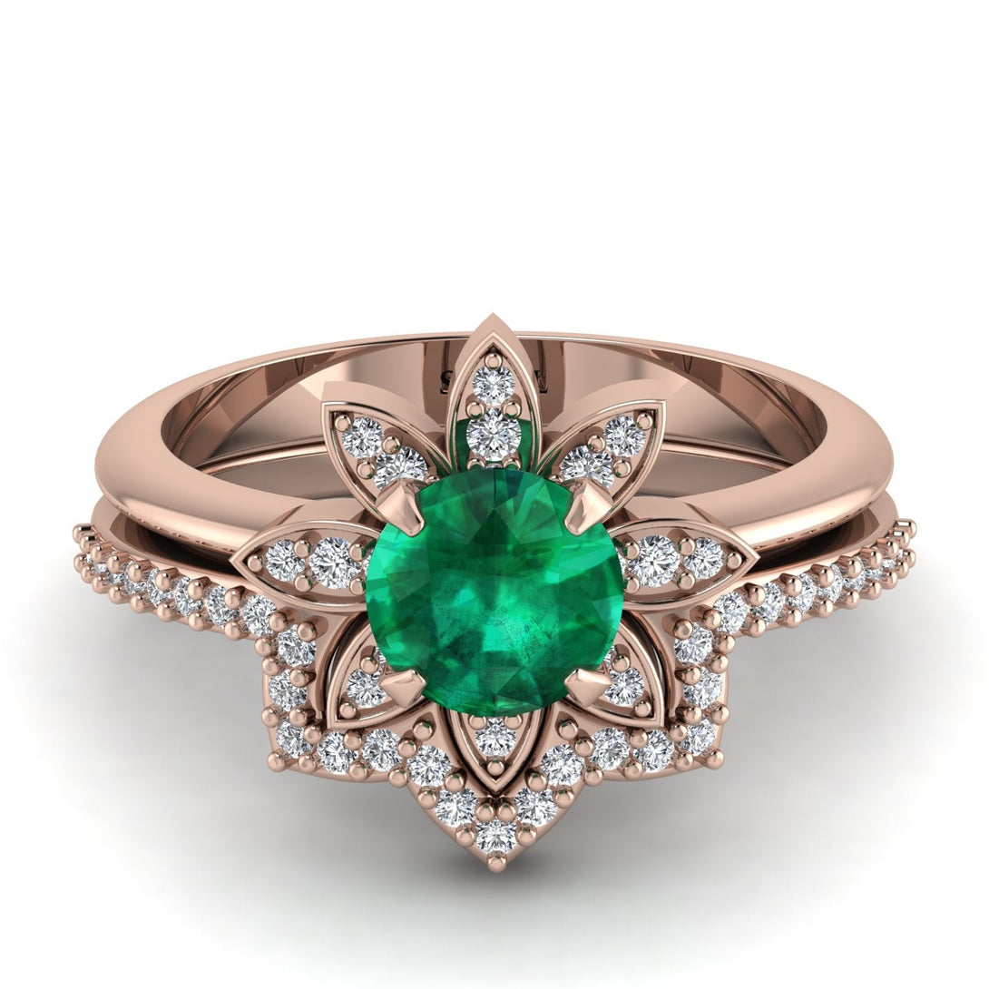 Round Emerald Flower Bridal Set - Michelle No. 5