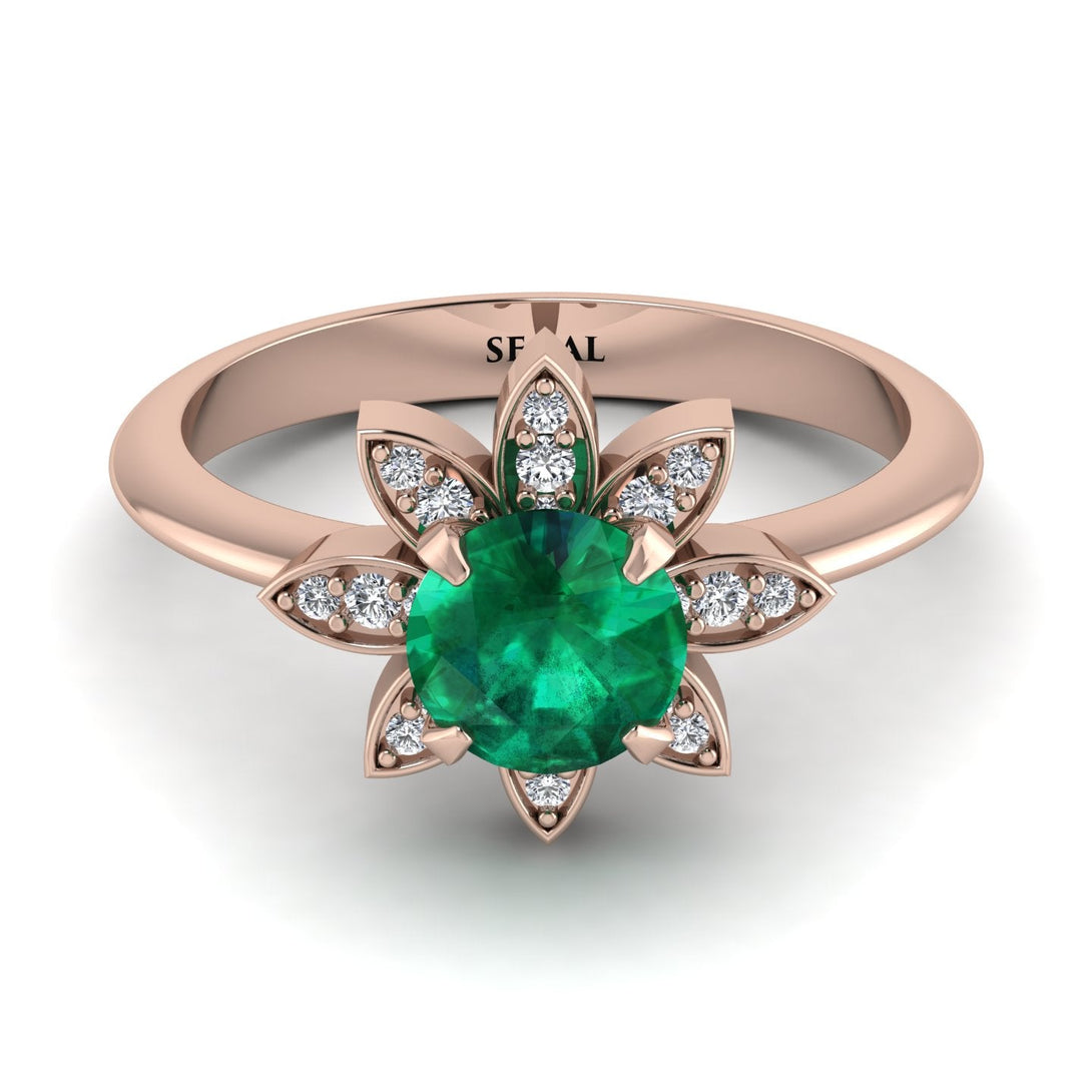 Round Emerald Flower Ring - Michelle No. 5