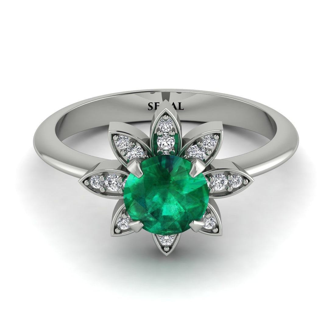 Round Emerald Flower Ring - Michelle No. 6