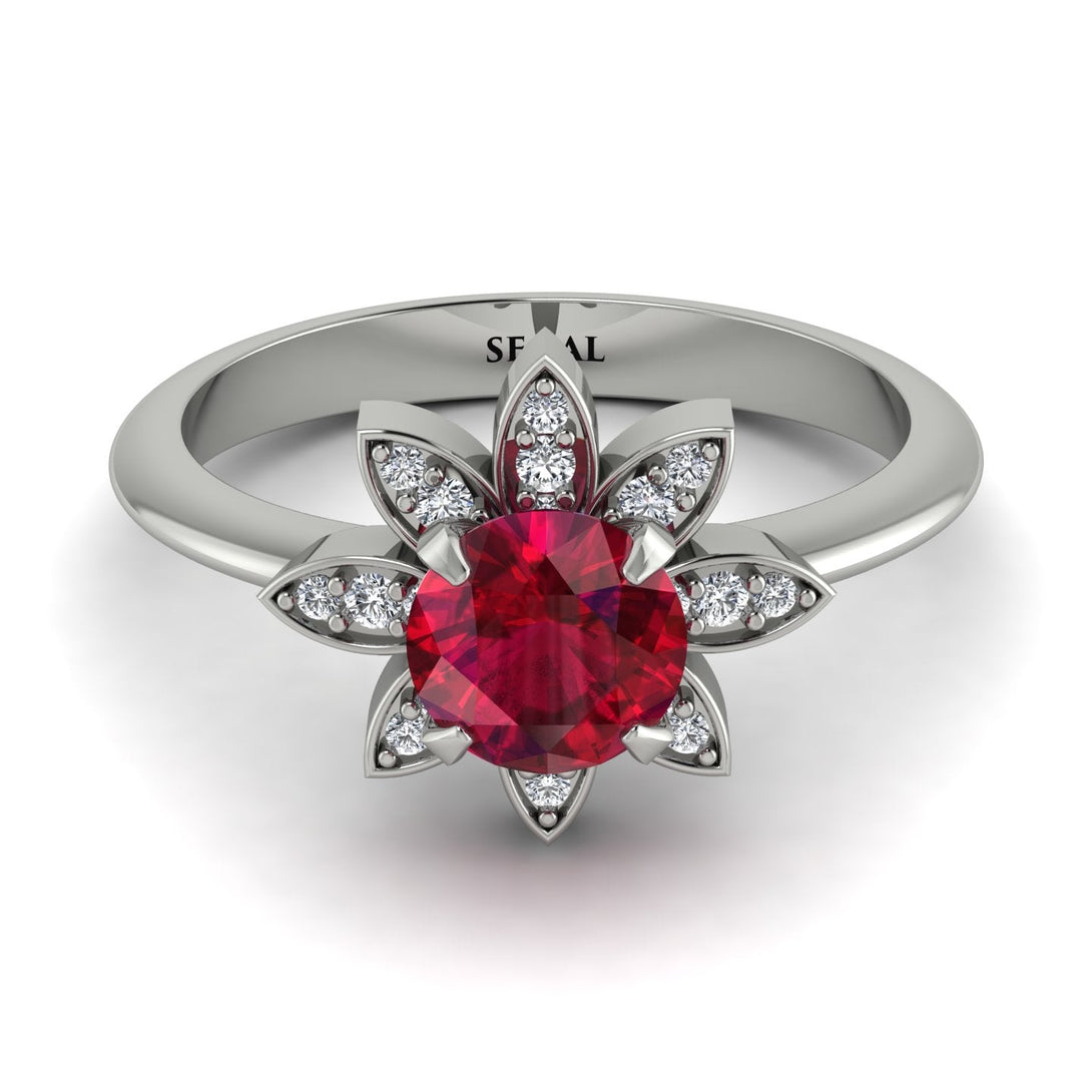 Round Ruby Flower Ring - Michelle No. 12